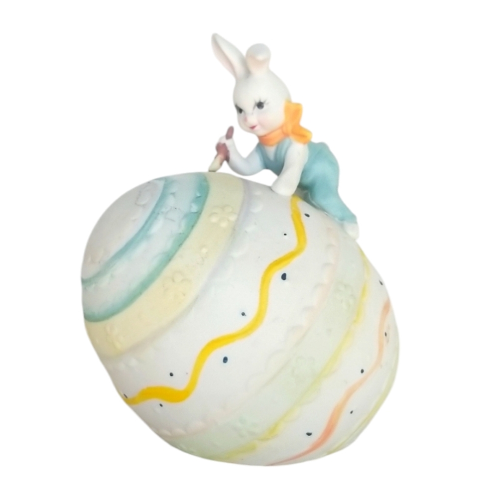 Vintage Large Ceramic Easter Egg with Bunny Rabbit Figure Made in Taiwan